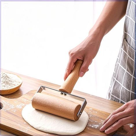 Rodillo de pastelería marrón, 11,617,1 cm, rodillo de madera con una sola rueda, rodillo manual de madera maciza. (1/5)
