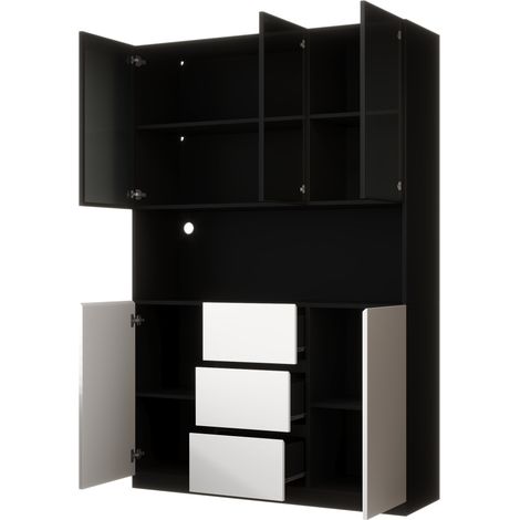 Vetrina LED in vetro 120 x 40 x 200 cm con 3 cassetti e 2 ante, nero e bianco (1/5)