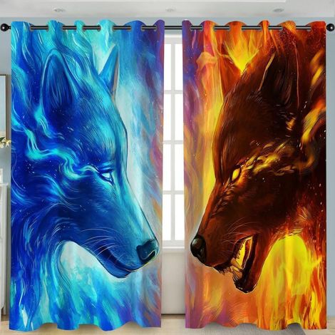 Motif Loup Lot de 2 Rideaux Occultants, 3D Animaux Imprimé Rideau Thermique Isolant Anti Froid, 140x240, Rideau Occultant avec Œillets Rideau Fenetre - 140L X 240H cm (2 Panneaux) (1/5)