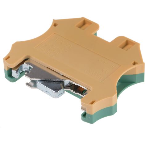 Bloc de jonction de mise à la terre Rail DIN, 2 voies , raccordement A visser, 16  6 AWG, Vert/Jaune ( Prix pour 1 ) (1/2)