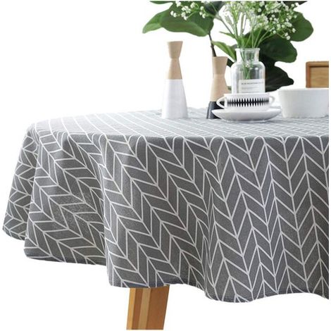 Nappe en coton et lin - Nappe grise en coton et lin à motif flèches - Nappe ronde à rayures - 120 cm - Idéale pour la décoration de restaurants, les fêtes de famille, les pique-niques - Motif flèches  (1/5)