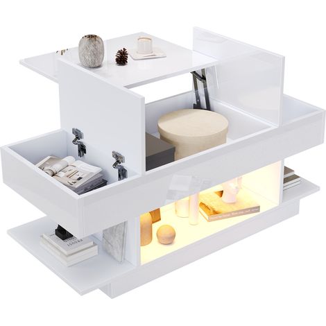 Tavolino da caffè 98x45x40cm, altezza regolabile, piano ribaltabile, LED controllabile, salvaspazio, MDF bianco per soggino (1/5)