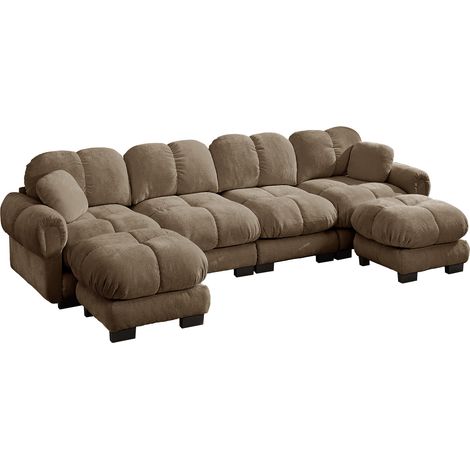 U-Form Sofa 4-Sitzer, Modular mit 2 Mobilen Hockern, Steppnähten, Chenille Braun (1/5)