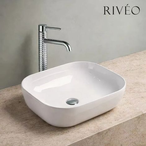 Riveo – Vasque à poser rectangulaire blanche 505 × 405 × 145 mm – Avec bonde chromée (1/2)