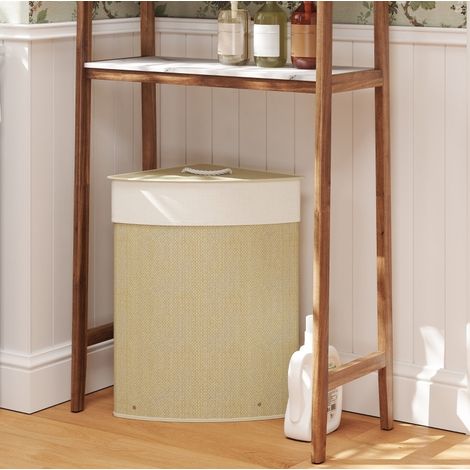 Cesto de ropa de esquina 55 L de bambú, con bolsa de tela, tapa y armazón metálico, crema OKMYHOME (1/5)