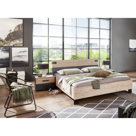 Lit adulte double + chevets coloris chêne - Longueur 168 x Profondeur 210 x Hauteur 94 cm -PEGANE-