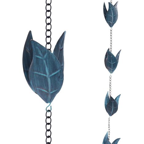 Catena per la raccolta dell'acqua piovana per grondaie, catena in metallo lunga 2,6 m, catena decorativa, catena in ferro blu a forma di foglia in stile retrò, da appendere su balconi, tetti e giardin