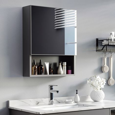 Mobile bagno pensile moderno in acciaio inox nero con anta a specchio, 3 vani interni, 46 x 13,5 x 58 cm (1/5)