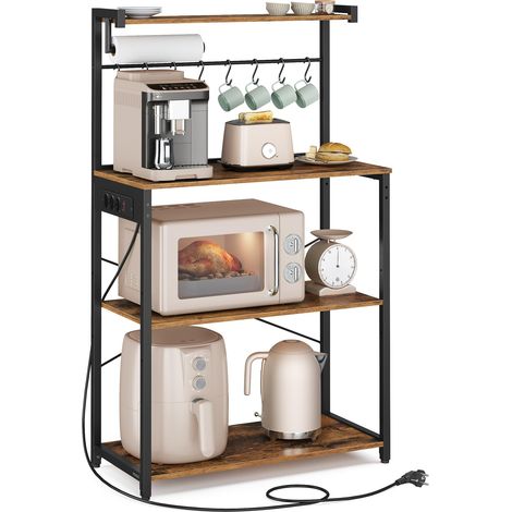 Étagère de Cuisine avec Multiprise, Bar à Café sur 4 Niveaux avec 8 Crochets en S, Étagère Réglable, Support pour Micro-Ondes, 40 x 80 x 140 cm, Marron Rustique et Noir d'encre KKS029KD02 (1/5)