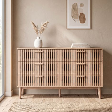 Commode 6 tiroirs, meuble de rangement, buffet bas, pieds bois massif, style scandinave, 100x34x73 cm, convient salon, chambre, entrée, Naturel