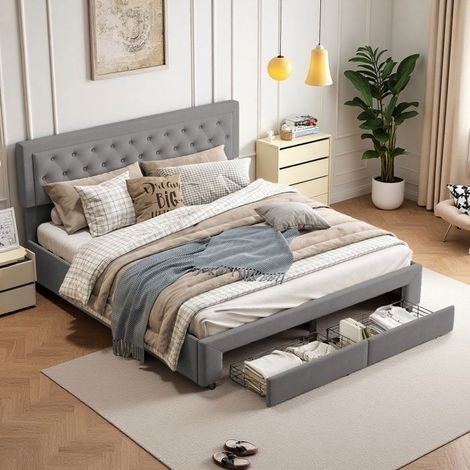 Letto contenitore - 160x200 velluto grigio trapuntato - Ritiro idraulico - Testiera trapuntata - Rete inclusa