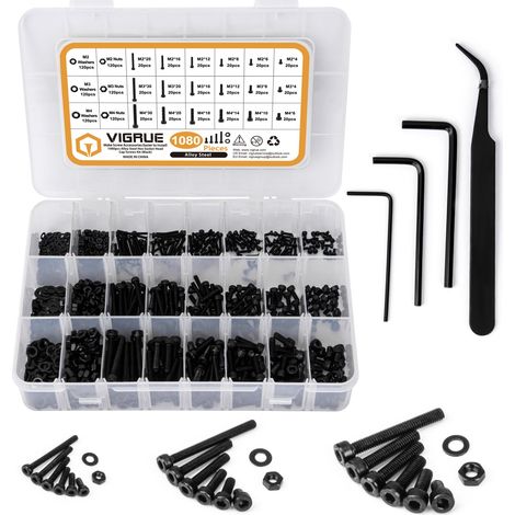 1080Pcs Kit de vis M2 M3 M4 Acier au carbone-bouton hexagonal Écrous et rondelles Assortiment Kit de vis hexagonales avec boîte de rangement Boîte de cas plate +clé à molette (1/5)