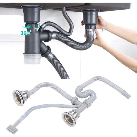 Bonde double pour lavabo et évier de cuisine, tuyau d'évacuation, ensemble de bonde, raccord en S en plastique pour bonde. (1/5)