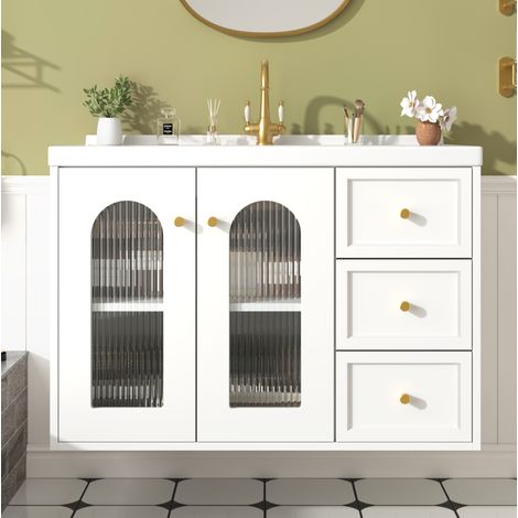 Mobile lavabo sospeso 80 cm con lavabo in ceramica, 2 cassetti, MDF bianco, REDOM (1/5)
