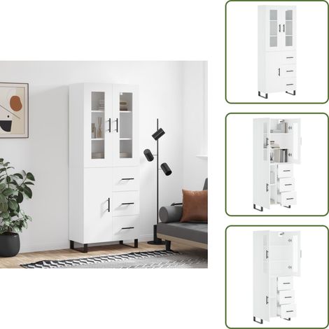 The Living Store Buffet haut Blanc 69,5x34x180 cm Bois d'ingénierie - Buffet Design Moderne - Meuble Rangement Cuisine - Armoire Blanche - Buffet Haut - Mobilier Salon