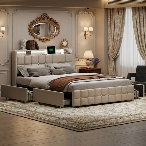Letto matrimoniale 160x200 cm con 4 cassetti, letto per adulti con rete a doghe, testiera e illuminazione LED - stile nordico - beige (1/5)