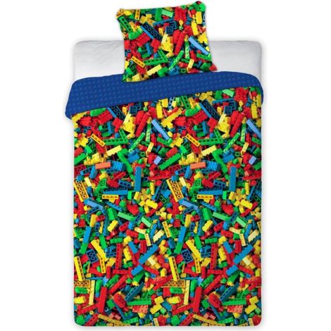 Juego de ropa de cama infantil de 140x200 cm, bloques, algodón, doble cara, para habitación de niños.