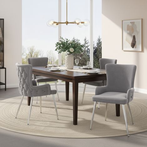 Set of 4 Grey Velvet Dining Chairs with Luxurious Design and Silver Metal Legs for Living Room and Bedroom Lounge