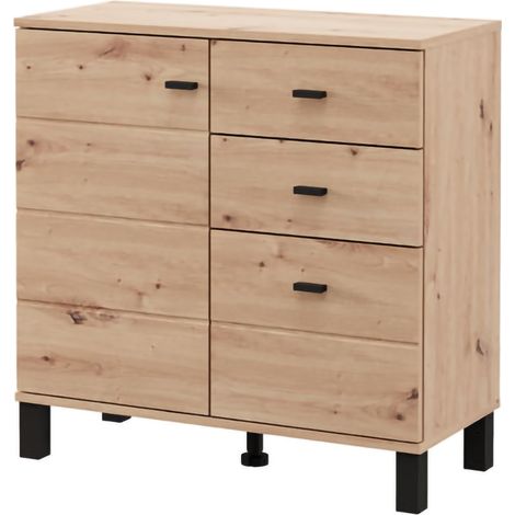 Sideboard Ollant, Kommode 3 Schubladen, 2 Regale, Klappöffnung, Schiebetür, 77x35x78h cm Braun Eiche Knoten