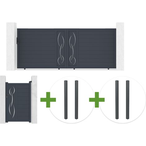 Portail coulissant 4m LIFE H.160cm aluminium gris + Portillon 1m LIFE H.160cm aluminium gris + 4 poteaux ELDA (1/5)