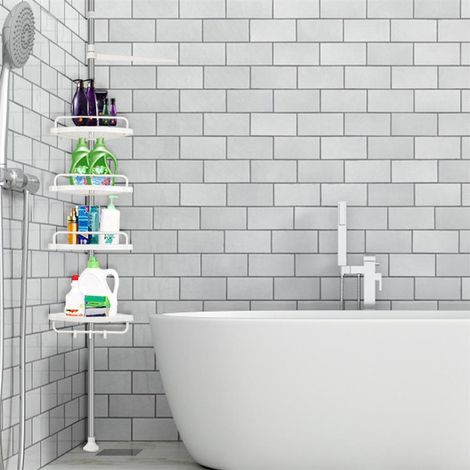 Etagère d'angle de douche télescopique acier inoxydable - polypropylène avec 4 tablettes blanches (1/4)