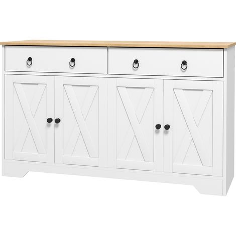 Buffet meuble de rangement armoire de cuisine style rural 2 tiroirs et 2 placards étagères à hauteurs réglables blanc