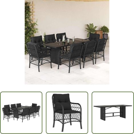 Gartenessgruppe - 9-tlg. Garten-Essgruppe mit Kissen Schwarz Poly Rattan (1/5)