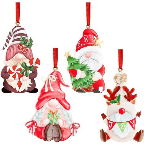 Lot de 4 décorations de Noël en résine à suspendre, pendentifs gnomes de Noël-8.5x5cm