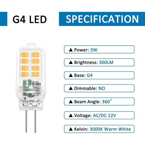 Ampoule LED G4 12V 3W, Non Dimmable, 16SMD 300LM Blanc Chaud 3000K, Équivalent 25W G4 Ampoule Halogène, Ampoule G4 LED pour Lustre, Lumière d'armoire, Éclairage Paysager, Chambre, Lot de 6 (1/2)