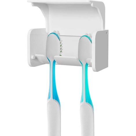 Porte-brosse à dents mural (blanc) avec couvercle, 2 emplacements pour brosse à dents, auto-adhésif pour douche, camping-car et salle de bain. (1/5)