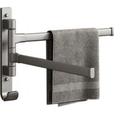 Grey aluminum 180° swivel wall-mounted towel rack with 2 arms and hooks for bathroom (1/3)
