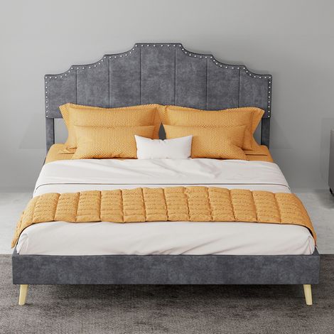 Lit moderne minimaliste moelleux 140x200 cm gris, tête de lit douce, cadre bas sans tige gaz, meuble multifonctionnel chambre, matelas inclus (1/4)