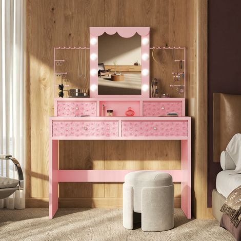 Coiffeuse avec Miroir – 3 Modes D’Éclairage – 8 Ampoules – Table de Maquillage Rose avec-étagère à bijoux amovible- 4 Tiroirs façade de tiroir en velours rose (1/5)