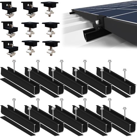 Support de panneau solaire pour 4 modules - Kit de montage PV - Rail noir de 12 cm + pince réglable pour modules de 30 à 35 mm d'épaisseur - Support de panneau solaire en aluminium - Tôle (1/5)