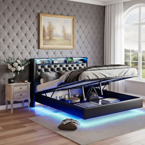 Letto contenitore 160 x 200 cm, letto per adulti con porta USB e LED, letto imbottito, giroletto, con leva idraulica, Nero, PU (1/5)