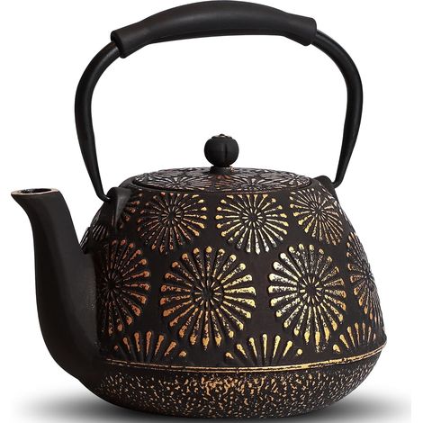 Théière en fonte avec infuseur pour plaque de cuisson, théière japonaise Sakura pour thé et café, revêtement intérieur émaillé, poignée en silicone, 1200 ml, noire (1/5)