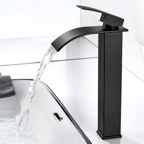 Robinet lavabo cascade noir mat EXARFLY – mitigeur 1 trou hauteur 237 mm G3/8 sans plomb (1/5)