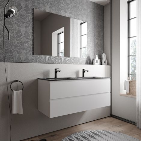 BERNSTEIN - Mobile lavabo doppio sospeso MDF Bianco opaco, 2 lavabi Ghisa Nero opaco + fori rubinetto - 120x46x50cm - AVA BRUSSELS	Bianco opaco, Nero opaco con foro rubinetto