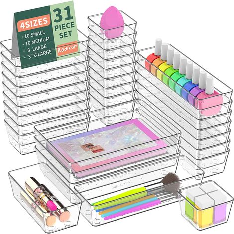 Lot de 31 Organisateurs de Tiroir, Rangement Tiroir en Plastique Transparent, Bacs de rangement avec 4 Tailles pour salle de bain, coiffeuse, Cuisine, Bureau, Papeterie, per Cosmétiques,Bijoux (1/5)