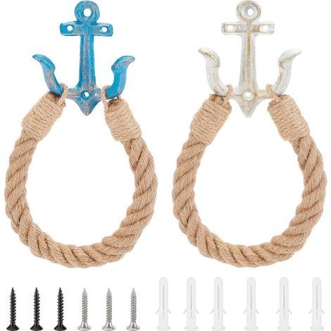 Lot de 2 porte-papier toilette style nautique, en corde, avec porte-rouleau et porte-serviettes, style vintage, mural - Blanc et bleu (1/5)