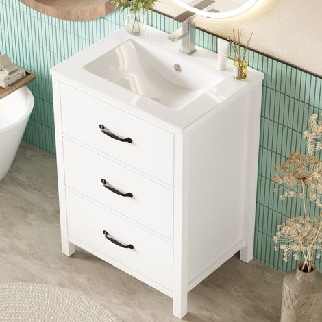 Meuble sous vasque de salle de bain 61x47x83cm avec vasque céramique intégrée, 3 tiroirs silencieux, pieds hauts, MDF laqué-Blanc (1/5)