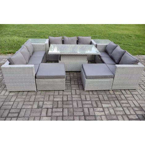 Fimous 11 Seater PE Rattan Garden Funiture Set Outdoor Height Adjustable Rising Lifting Table Sofa Dining Set with 2 Side Tables 2 Big Footstools (1/5)