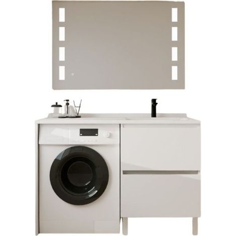 Cuisibane – Meuble lave-mains avec plan vasque déportée – Largeur 60 cm – 2 tiroirs de rangement – Miroir LED antibuée 120 cm