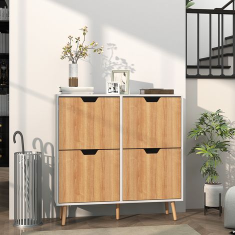 Schmaler Schuhschrank mit 4 Klappschubladen und verstellbaren Einlegeböden für 16 Paar Schuhe, 95 x 26 x 95 cm, Natur und Weiß
