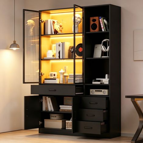 Vitrine haute noire 120x35x200cm LED 13 espaces stockage 4 tiroirs meuble rangement bibliothèque salon salle à manger (1/5)