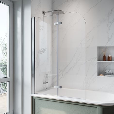 ELEGANT Bath Screen 900x1400mm 2 Panel Fold Curved Edge Bath Shower Screen 270 Degree Silver Pivot 6mm Toughened Safety Glass