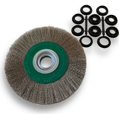 Brosse circulaire INOX Ø 200 mm Epaisseur 3 rangs Fil souple 0.20 mm ondulé Alésage 32 mm + réducteur bague 25/22/20/16/12 mm Touret meuleuse affûteuse ponceuse Kibros 238203IV (1/5)