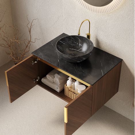 Waschtisch-Set aus Keramik und Sinterstein, Braun-Eiche/Schwarz, 76 cm, wandhängend mit 2 Türen (1/5)