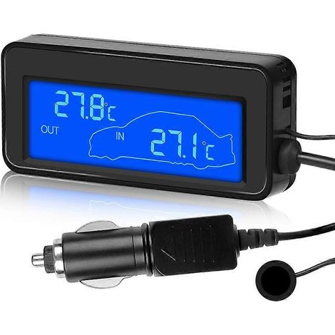 Thermomètre intérieur/extérieur pour voiture avec capteur, mini écran LCD, affichage numérique de la température, 12 V, rétroéclairage bleu. (1/5)