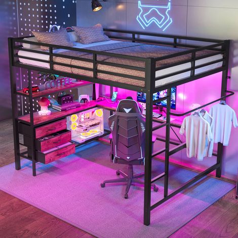 Lit mezzanine 140x200 cm noir avec bureau, leds, prises, rangements et escalier, sans matelas (1/5)